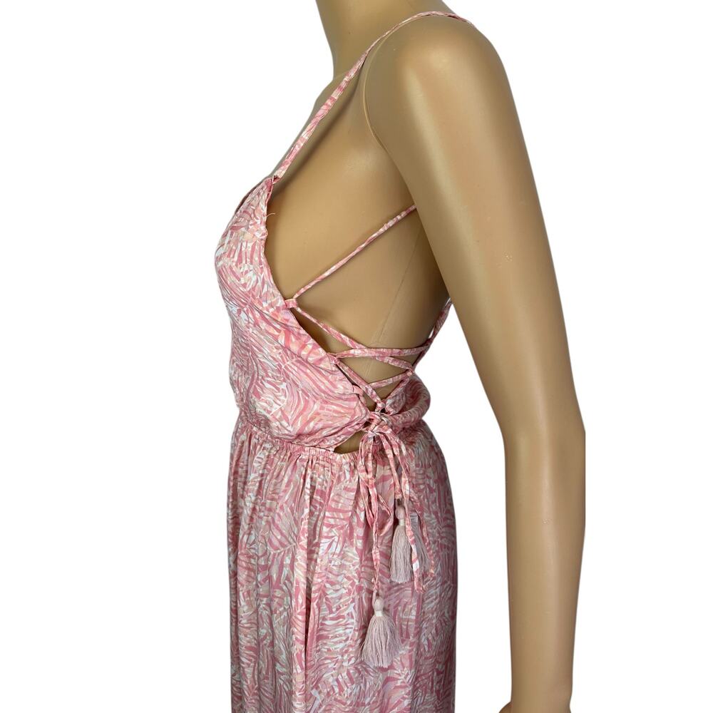 Maaji Nicole Palm Print Lace-Up Maxi Dress Pink Tassel Tiered Size S - Picture 8 of 12